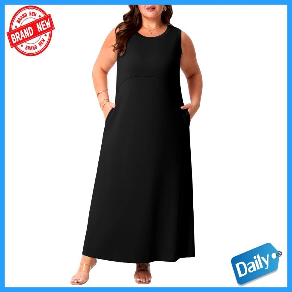 Plus Size Maxi Dress Sleeveless Empire Waist with Pockets Summer Casual